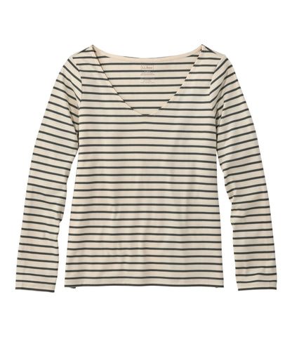 L.L.Bean Women's Pima Cotton Tee, Long-Sleeve Open V-Neck Stripe Cream/Shadow Green