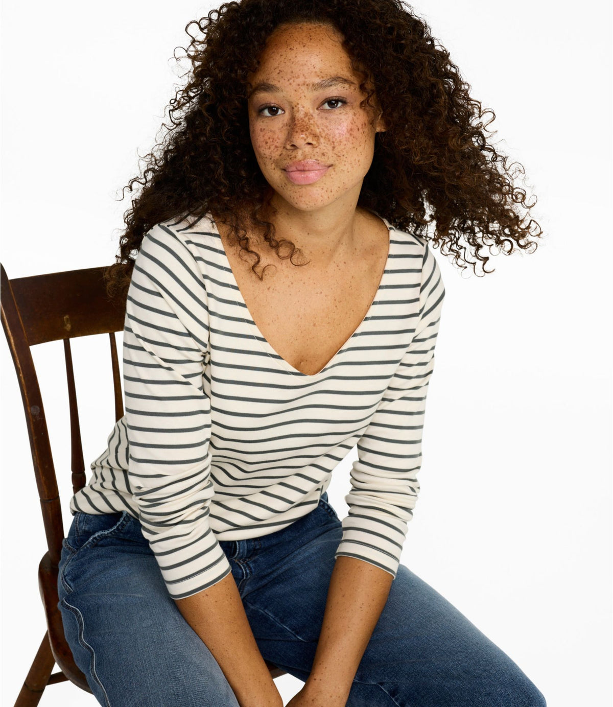 L.L.Bean Women's Pima Cotton Tee, Long-Sleeve Open V-Neck Stripe Cream/Shadow Green