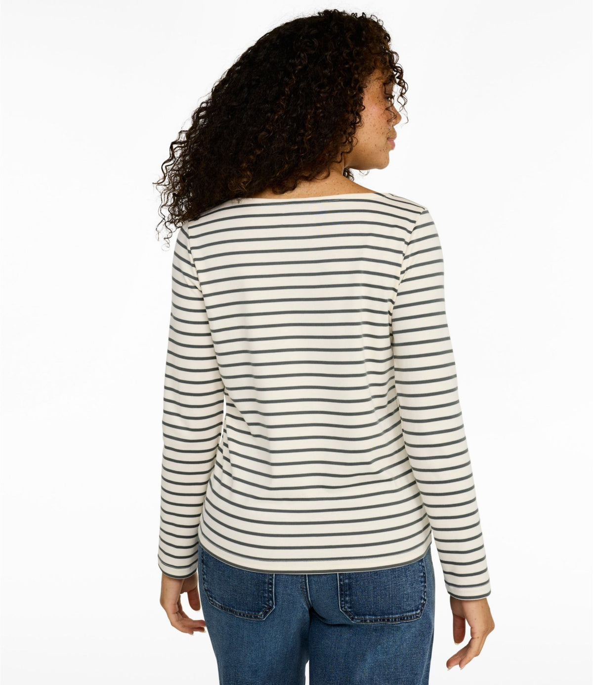 L.L.Bean Women's Pima Cotton Tee, Long-Sleeve Open V-Neck Stripe Cream/Shadow Green