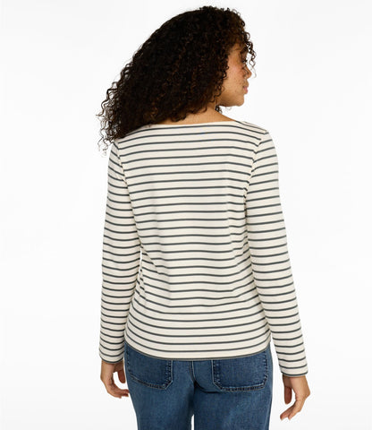 L.L.Bean Women's Pima Cotton Tee, Long-Sleeve Open V-Neck Stripe Cream/Shadow Green