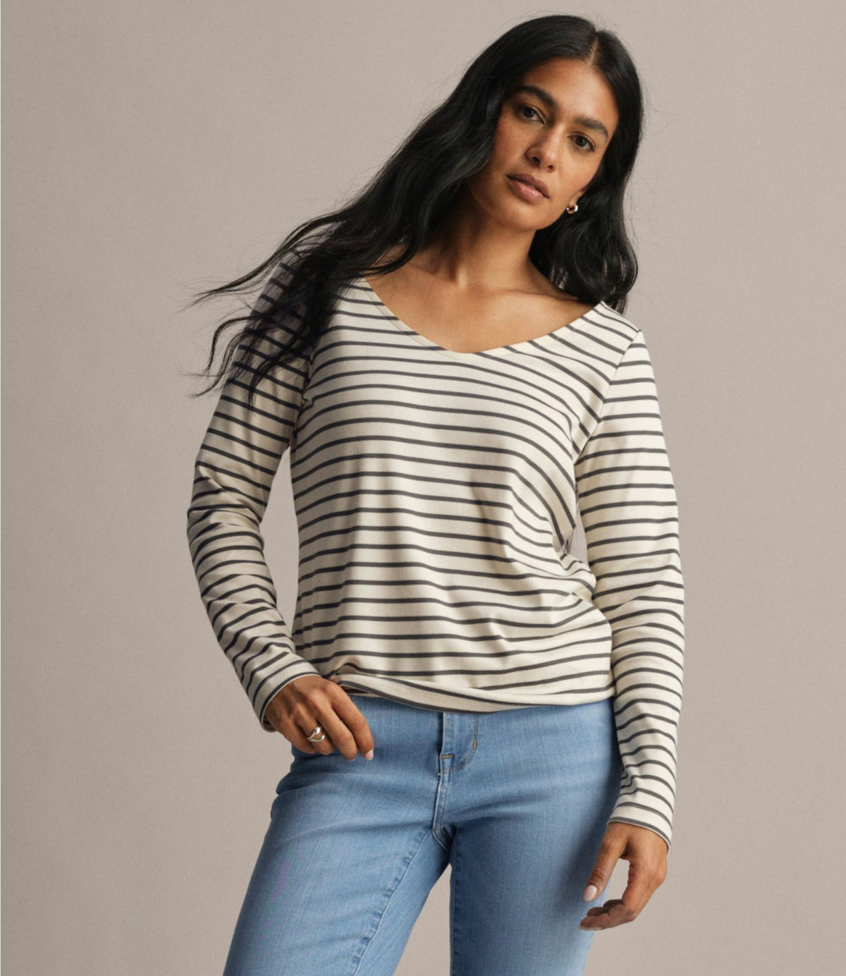L.L.Bean Women's Pima Cotton Tee, Long-Sleeve Open V-Neck Stripe Cream/Shadow Green
