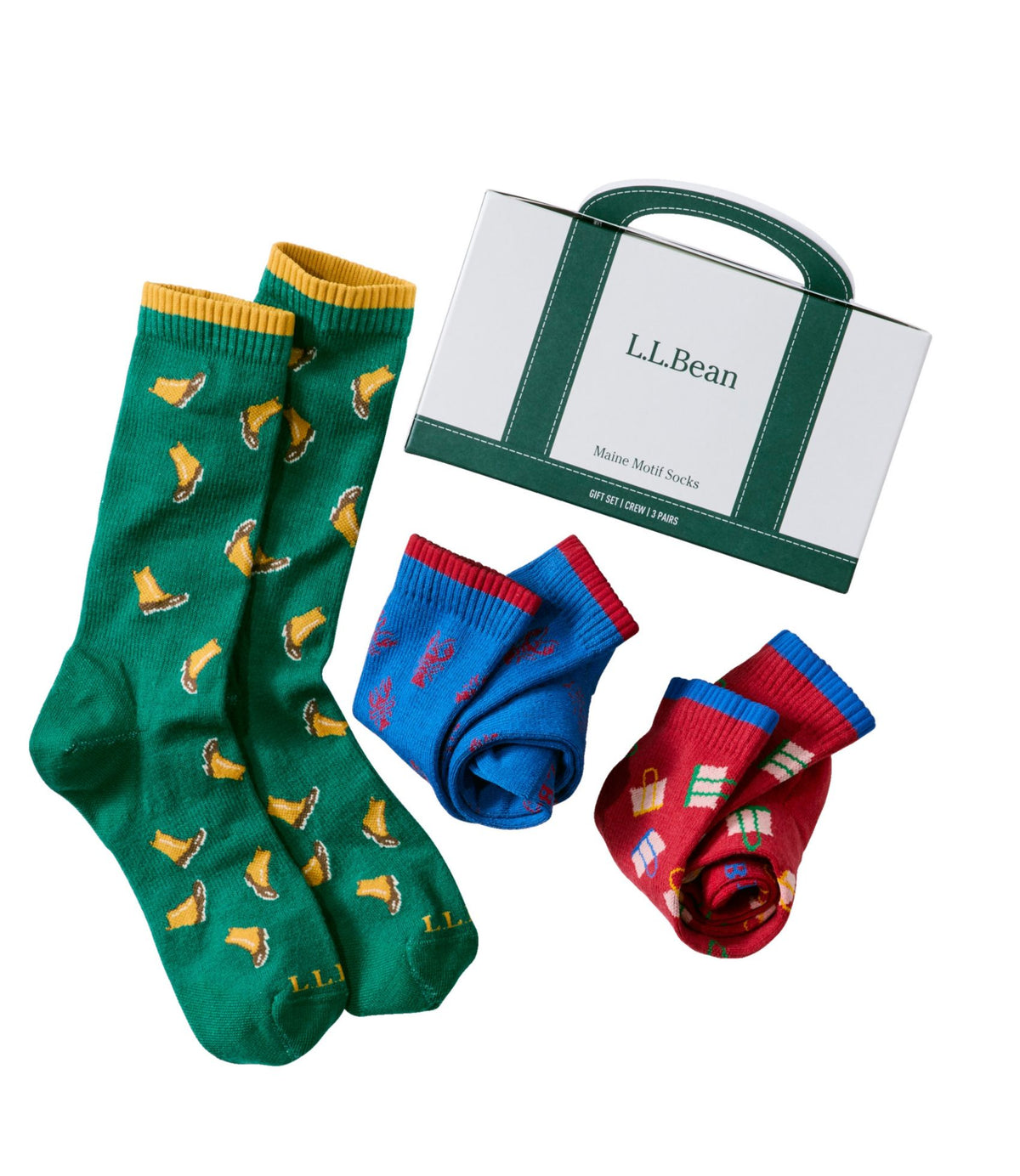 L.L.Bean Adults' L.L.Bean Maine Motif Socks Gift Set, 3-Pack Boat & Totes/Lobsters/Bean Boots
