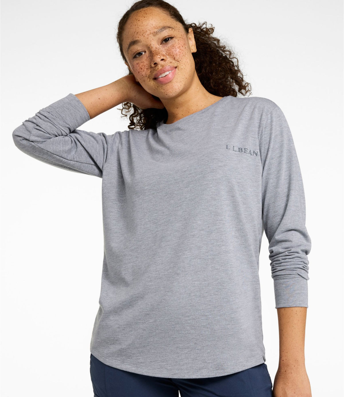 L.L.Bean Women's Mountainside Crewneck Tee, Long-Sleeve Graphic Light Gray Heather Valley Graphic