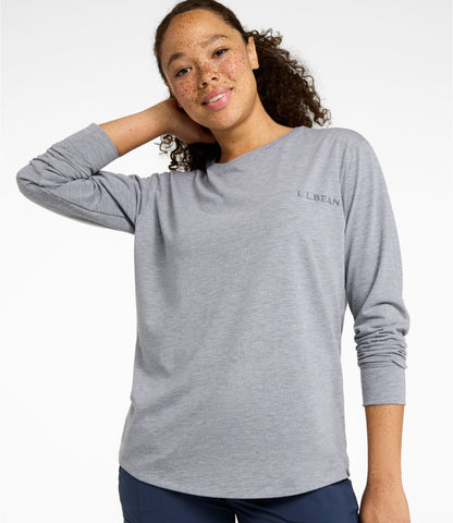 L.L.Bean Women's Mountainside Crewneck Tee, Long-Sleeve Graphic Light Gray Heather Valley Graphic