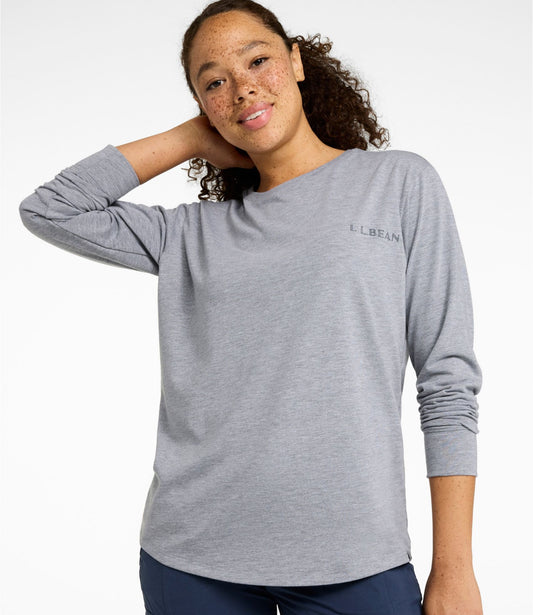 L.L.Bean Women's Mountainside Crewneck Tee, Long-Sleeve Graphic Light Gray Heather Valley Graphic