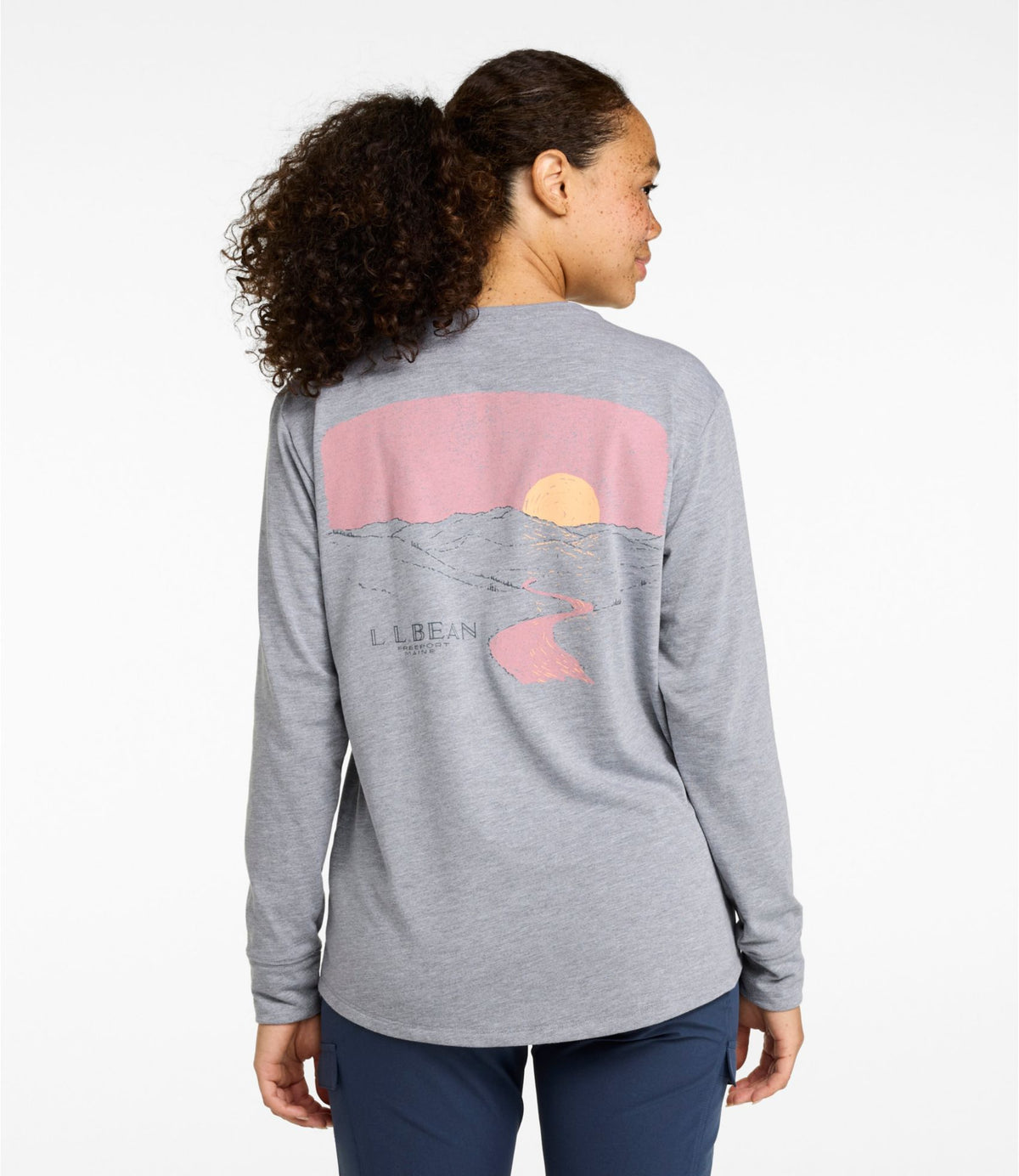 L.L.Bean Women's Mountainside Crewneck Tee, Long-Sleeve Graphic Light Gray Heather Valley Graphic