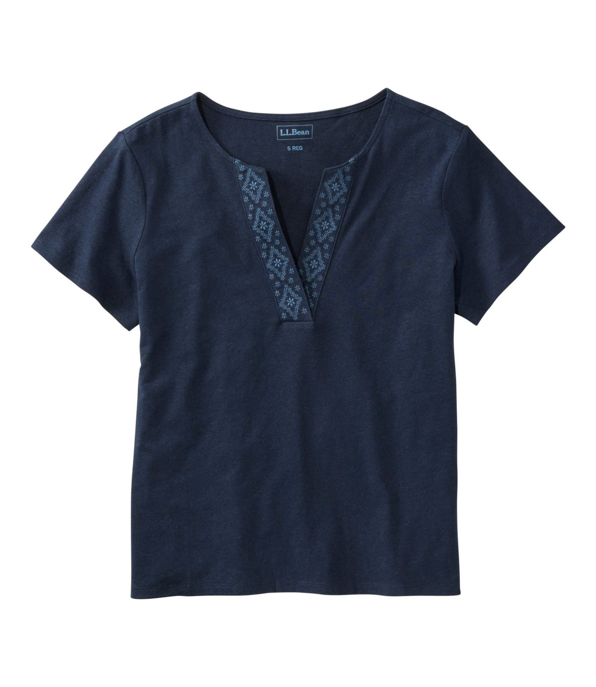 L.L.Bean Women's Lakeside Linen/Cotton Tee, Short-Sleeve Embroidered Splitneck Classic Navy