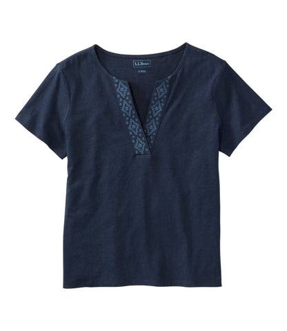 L.L.Bean Women's Lakeside Linen/Cotton Tee, Short-Sleeve Embroidered Splitneck Classic Navy