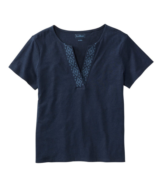 L.L.Bean Women's Lakeside Linen/Cotton Tee, Short-Sleeve Embroidered Splitneck Classic Navy