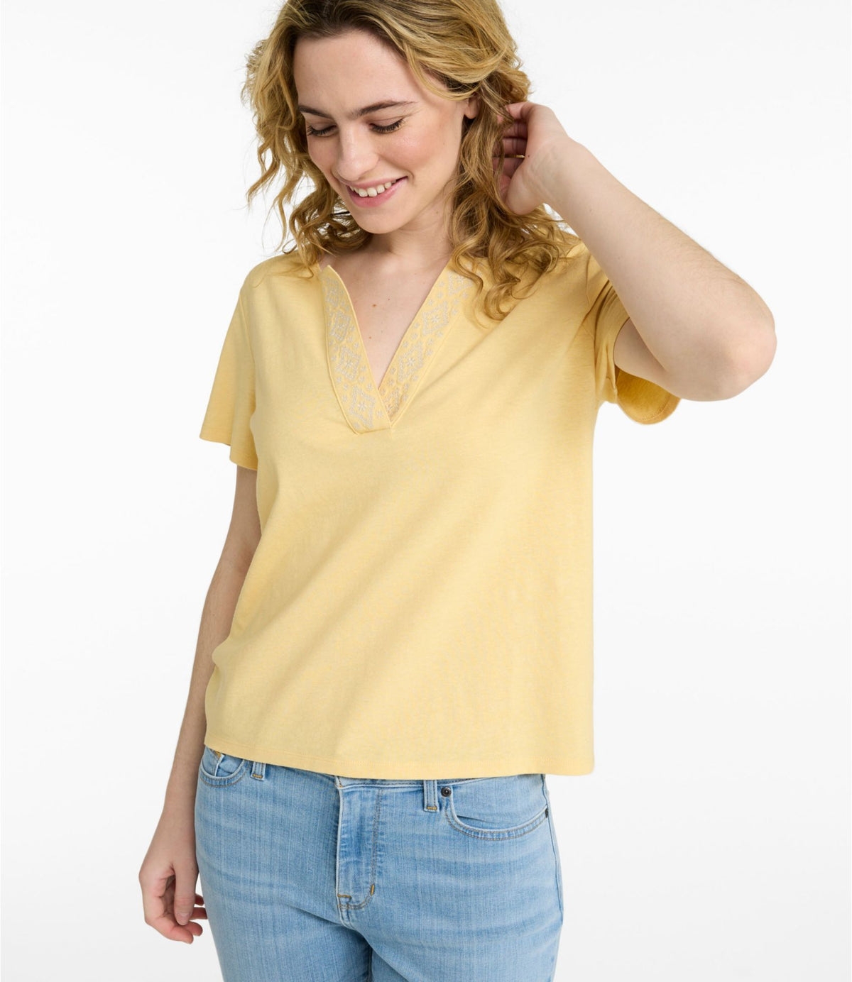 L.L.Bean Women's Lakeside Linen/Cotton Tee, Short-Sleeve Embroidered Splitneck Classic Navy