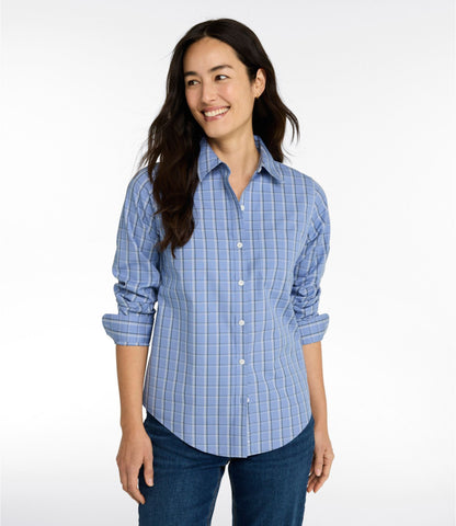 L.L.Bean Women's Wrinkle-Free Pinpoint Oxford Shirt, Long-Sleeve Relaxed Fit Plaid Deep Lake Plaid