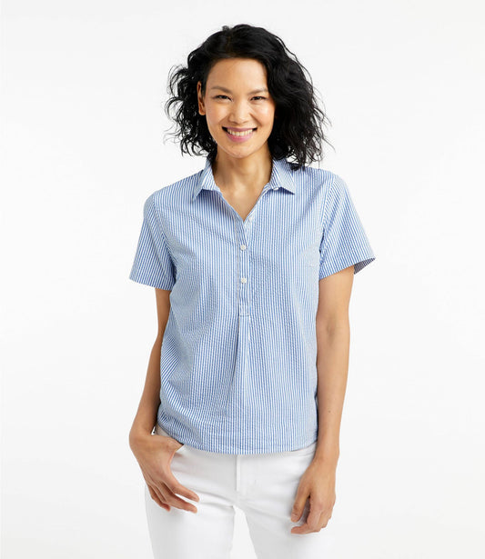L.L.Bean Women's Vacationland Seersucker Shirt, Short-Sleeve Popover Stripe White