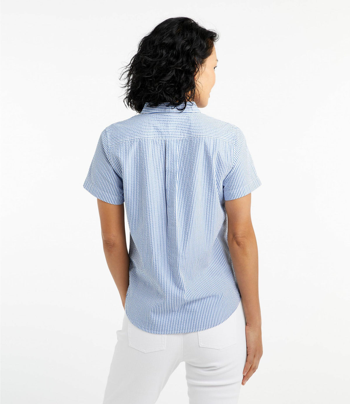L.L.Bean Women's Vacationland Seersucker Shirt, Short-Sleeve Popover Stripe White