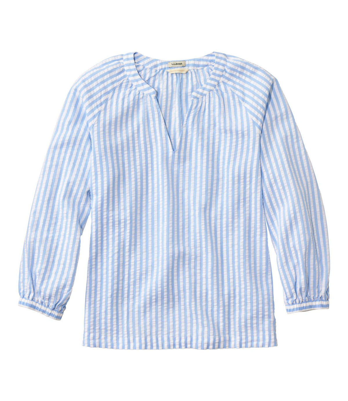 L.L.Bean Women's Bean's Seacoast Seersucker Splitneck Shirt Brightwater Blue Stripe