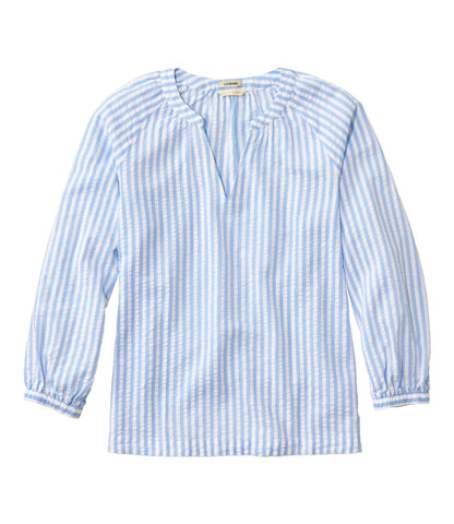 L.L.Bean Women's Bean's Seacoast Seersucker Splitneck Shirt Brightwater Blue Stripe