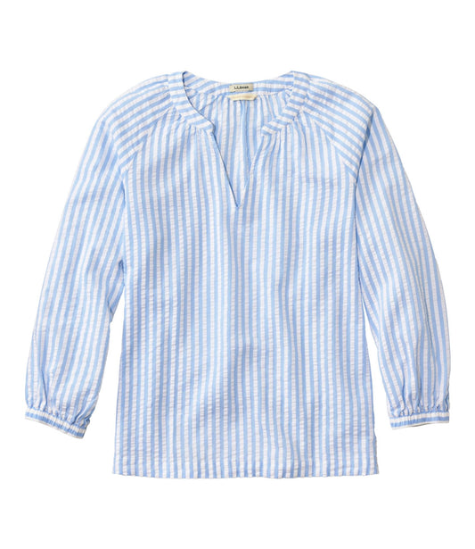 L.L.Bean Women's Bean's Seacoast Seersucker Splitneck Shirt Brightwater Blue Stripe