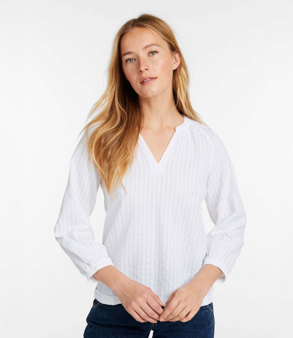 L.L.Bean Women's Bean's Seacoast Seersucker Splitneck Shirt Brightwater Blue Stripe