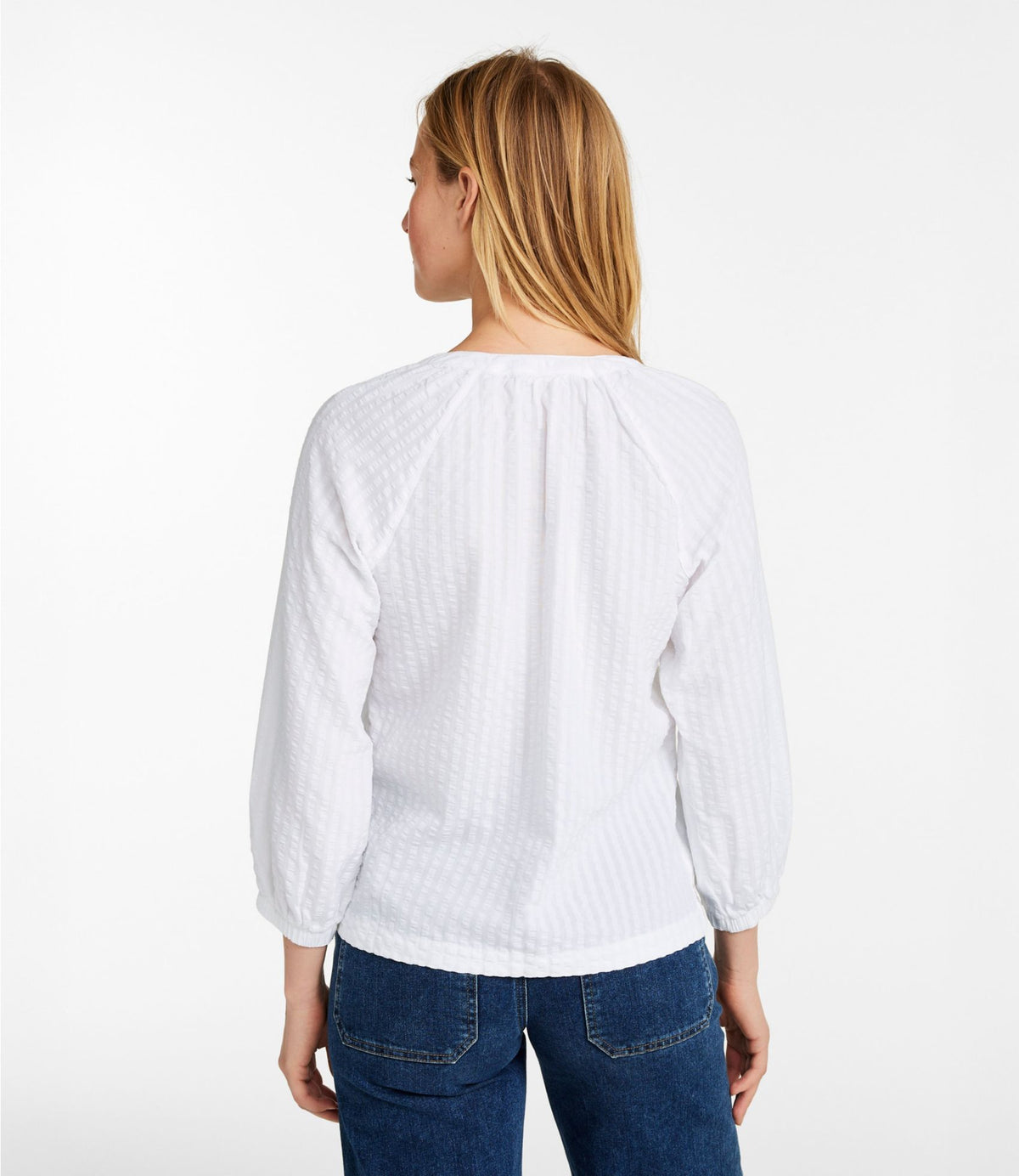 L.L.Bean Women's Bean's Seacoast Seersucker Splitneck Shirt Brightwater Blue Stripe