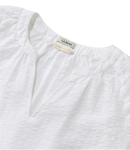 L.L.Bean Women's Bean's Seacoast Seersucker Splitneck Shirt Brightwater Blue Stripe