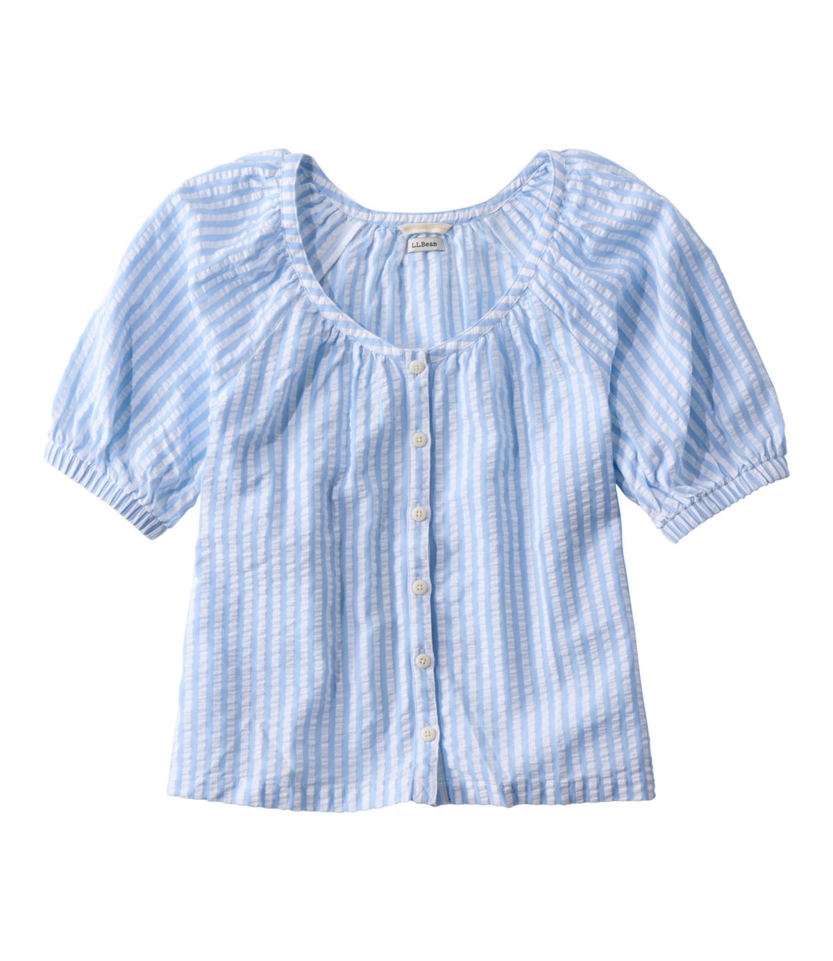 L.L.Bean Women's Bean's Seacoast Seersucker Scoopneck Shirt Brightwater Blue Stripe