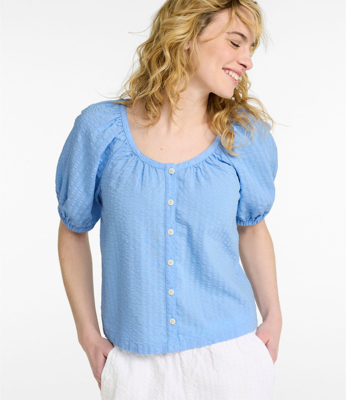 L.L.Bean Women's Bean's Seacoast Seersucker Scoopneck Shirt Brightwater Blue Stripe