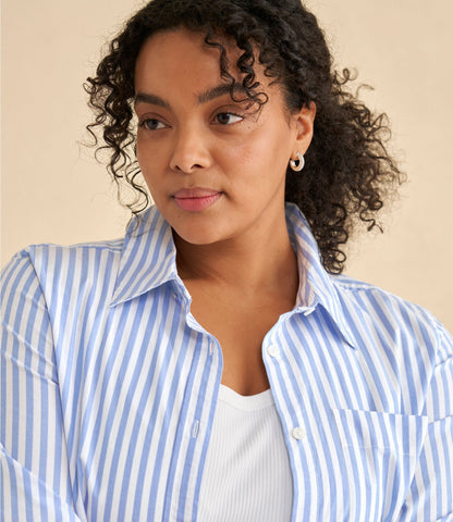 L.L.Bean Women's Essential Cotton Poplin Shirt, Long-Sleeve Brightwater Blue Stripe