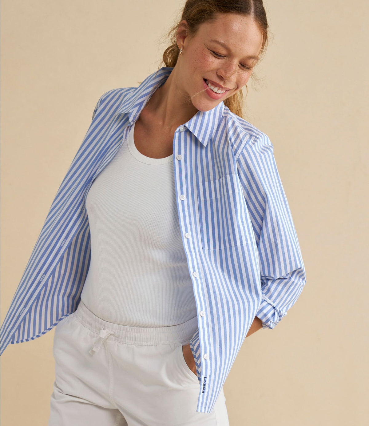 L.L.Bean Women's Essential Cotton Poplin Shirt, Long-Sleeve Brightwater Blue Stripe