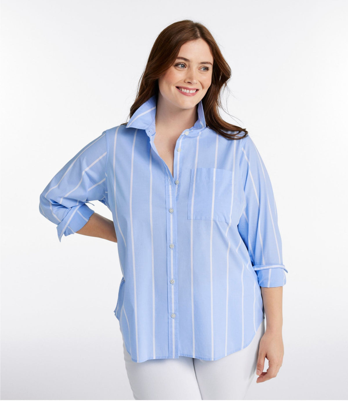 L.L.Bean Women's Essential Cotton Poplin Shirt, Long-Sleeve Brightwater Blue Stripe