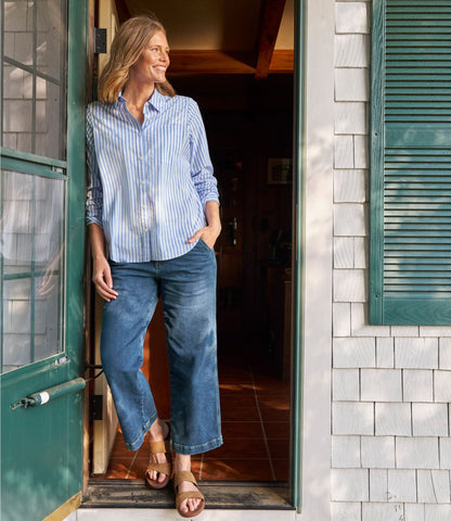 L.L.Bean Women's Essential Cotton Poplin Shirt, Long-Sleeve Brightwater Blue Stripe