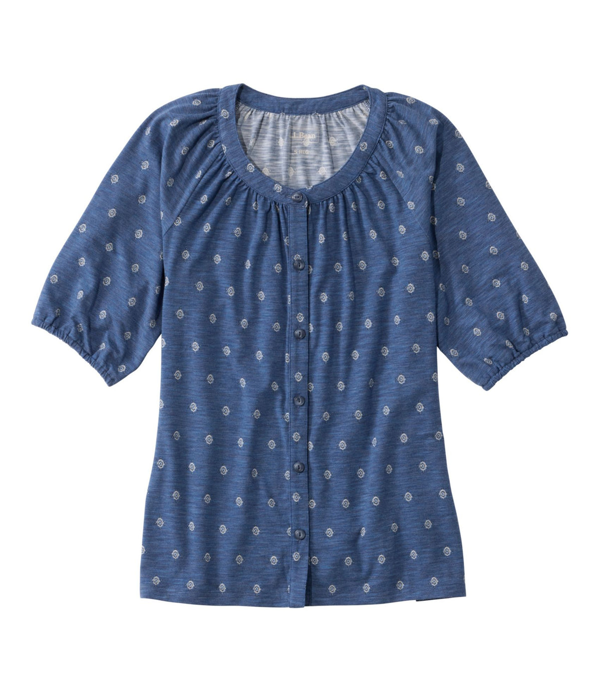 L.L.Bean Women's Camden Hills Tee, Elbow-Sleeve Button-Front Shirt Print Deep Blue Foulard