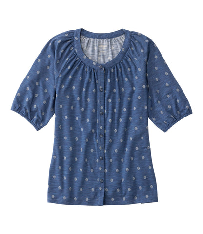 L.L.Bean Women's Camden Hills Tee, Elbow-Sleeve Button-Front Shirt Print Deep Blue Foulard