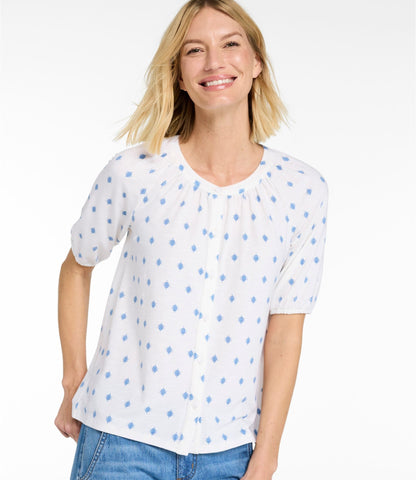 L.L.Bean Women's Camden Hills Tee, Elbow-Sleeve Button-Front Shirt Print Deep Blue Foulard