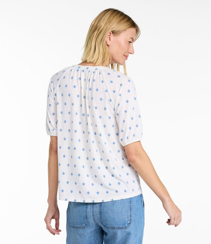L.L.Bean Women's Camden Hills Tee, Elbow-Sleeve Button-Front Shirt Print Deep Blue Foulard
