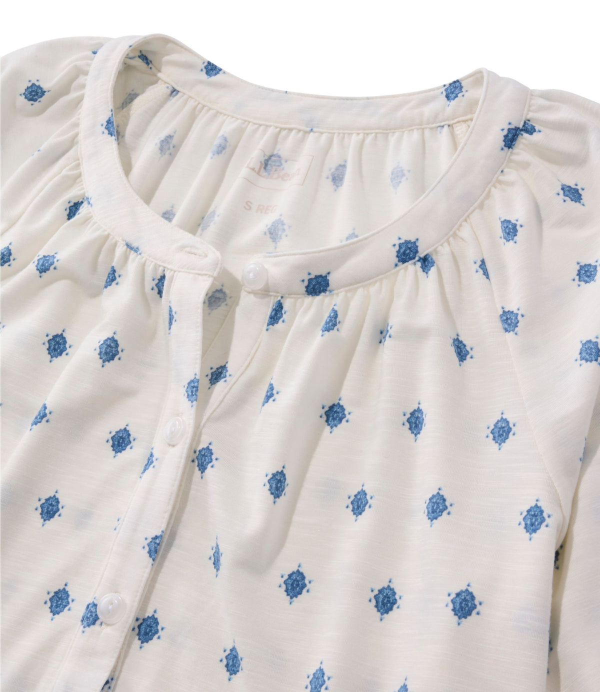 L.L.Bean Women's Camden Hills Tee, Elbow-Sleeve Button-Front Shirt Print Deep Blue Foulard