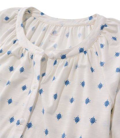 L.L.Bean Women's Camden Hills Tee, Elbow-Sleeve Button-Front Shirt Print Deep Blue Foulard