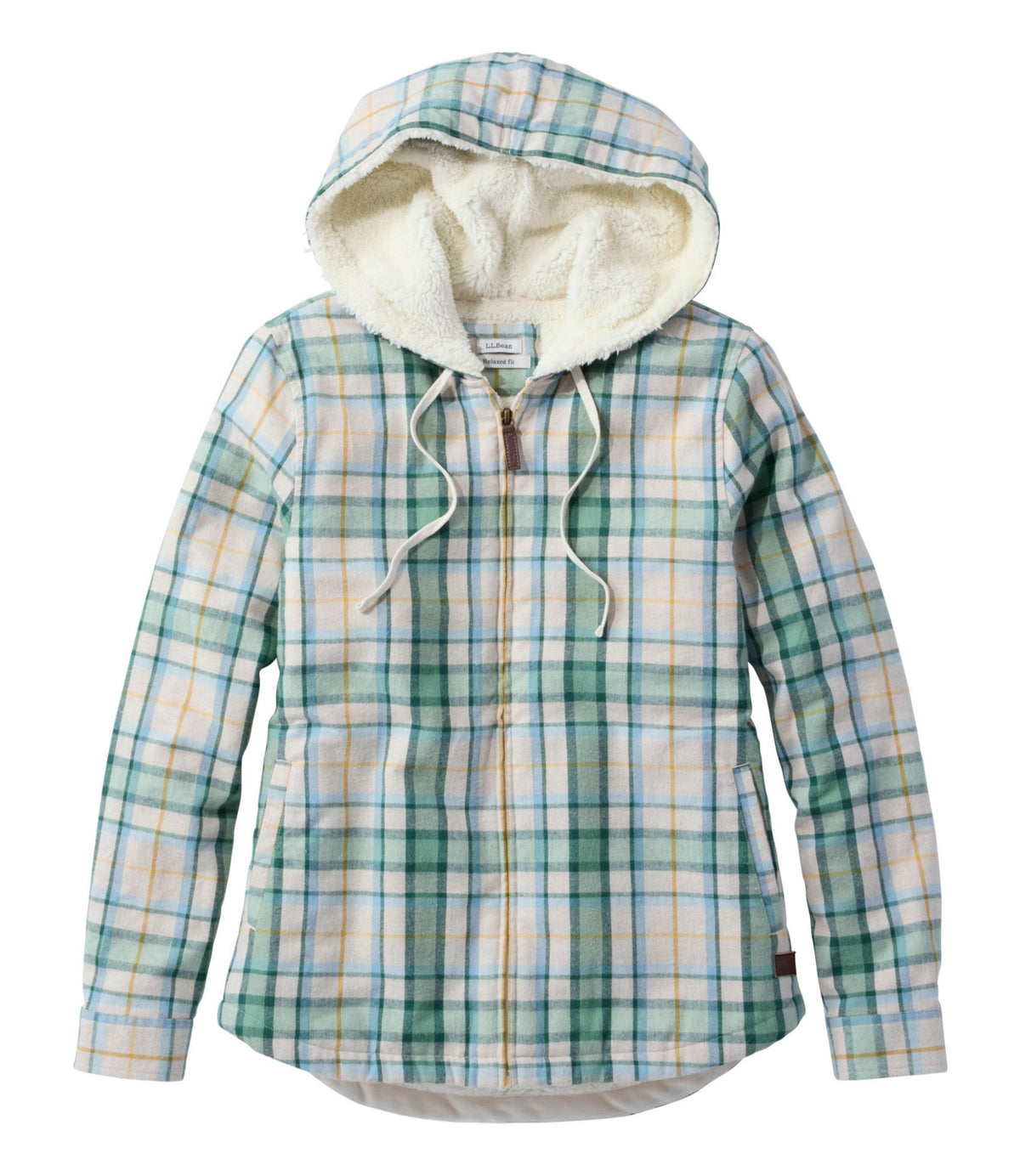 L.L.Bean Women's Scotch Plaid Flannel Shirt, Sherpa-Lined Zip Hoodie Bean of Freeport Green
