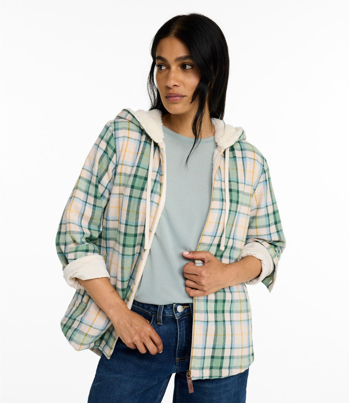 L.L.Bean Women's Scotch Plaid Flannel Shirt, Sherpa-Lined Zip Hoodie Bean of Freeport Green