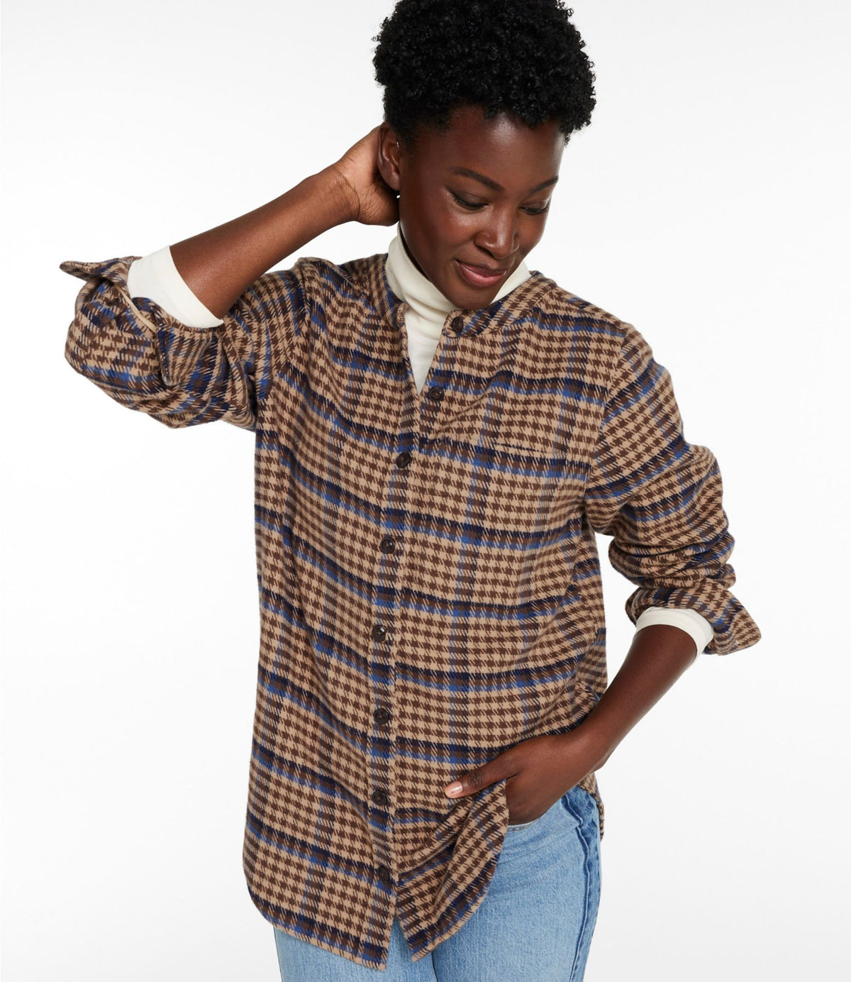 L.L.Bean Women's Signature 1933 Collarless Chamois Tunic, Plaid Birch Brown Houndstooth