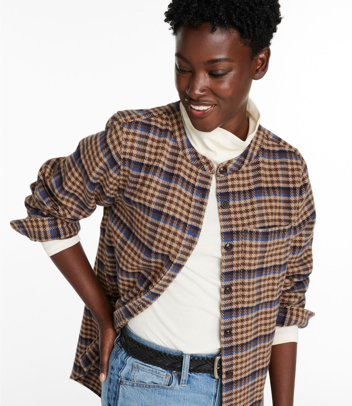 L.L.Bean Women's Signature 1933 Collarless Chamois Tunic, Plaid Birch Brown Houndstooth