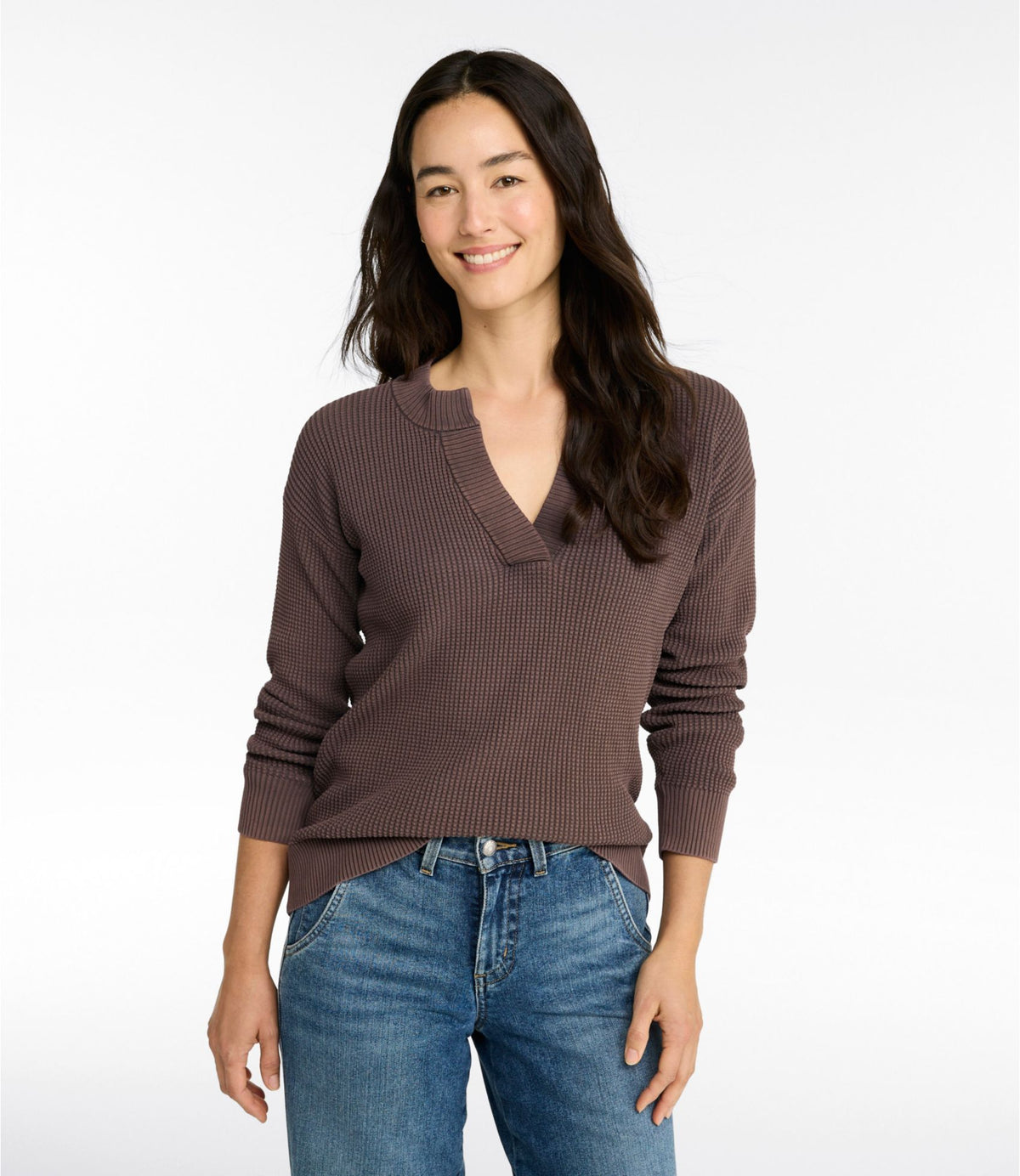L.L.Bean Women's Sunwashed Waffle Sweater, Splitneck Bone