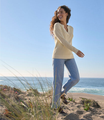 L.L.Bean Women's Sunwashed Waffle Sweater, Splitneck Bone