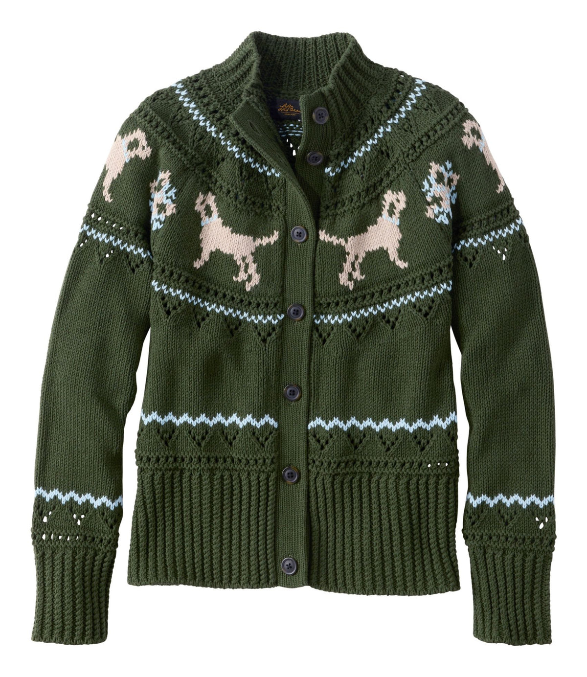 L.L.Bean Women's Signature Cotton Fisherman Sweater, Short Cardigan Fair Isle Forest Shade Dog Fair Isle