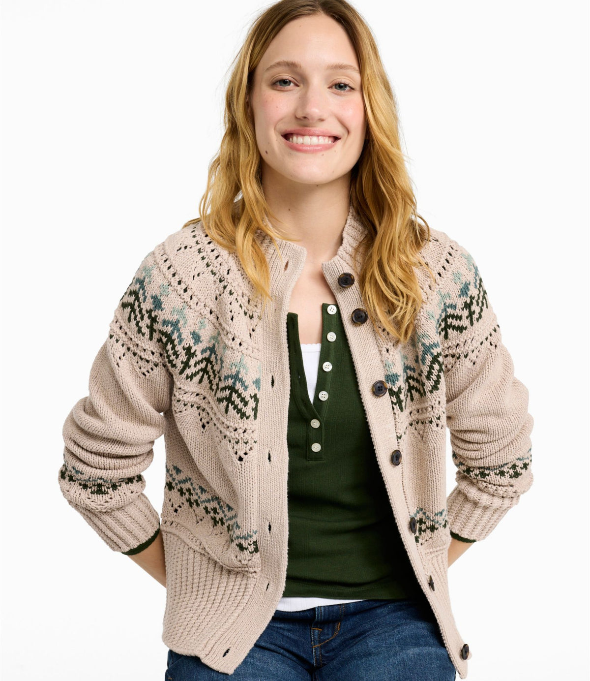 L.L.Bean Women's Signature Cotton Fisherman Sweater, Short Cardigan Fair Isle Forest Shade Dog Fair Isle