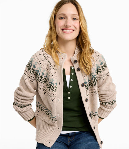 L.L.Bean Women's Signature Cotton Fisherman Sweater, Short Cardigan Fair Isle Forest Shade Dog Fair Isle