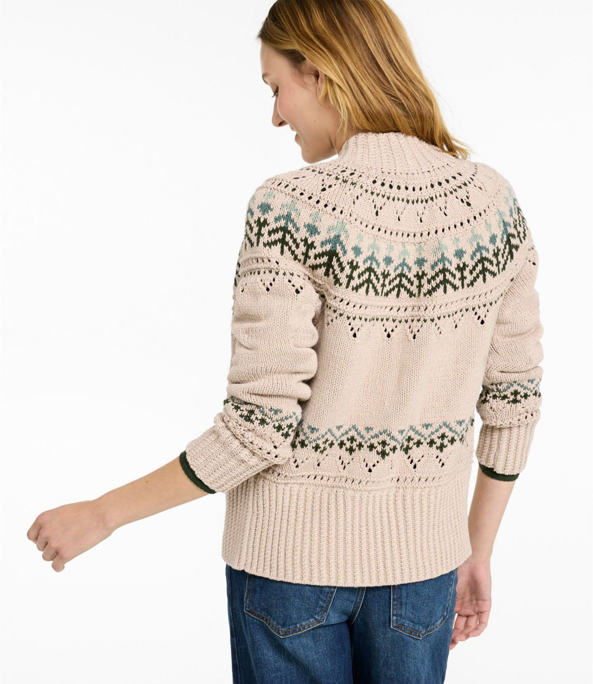 L.L.Bean Women's Signature Cotton Fisherman Sweater, Short Cardigan Fair Isle Forest Shade Dog Fair Isle