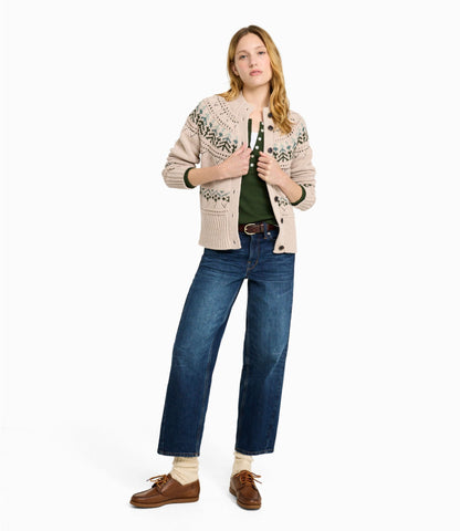 L.L.Bean Women's Signature Cotton Fisherman Sweater, Short Cardigan Fair Isle Forest Shade Dog Fair Isle