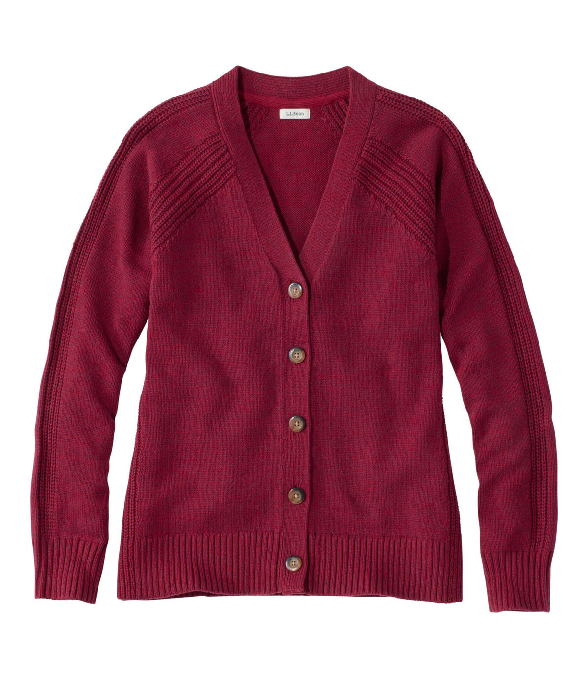 L.L.Bean Women's Mariner Shaker Sweater, V-Neck Cardigan Bordeaux/Fig Marl