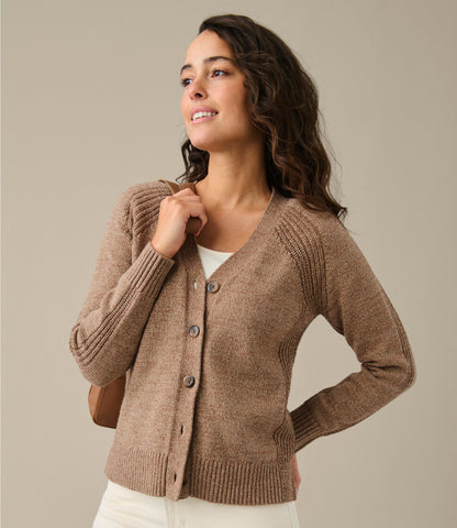L.L.Bean Women's Mariner Shaker Sweater, V-Neck Cardigan Bordeaux/Fig Marl