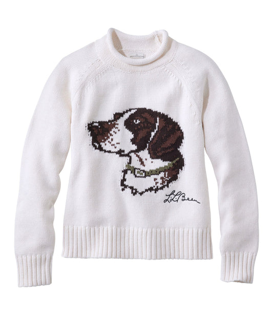 L.L.Bean Women's Signature Original Cotton Sweater, Rollneck Novelty Cream Dog