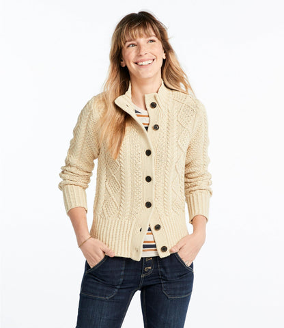 L.L.Bean Women's Signature Cotton Fisherman Sweater, Short Cardigan Beige